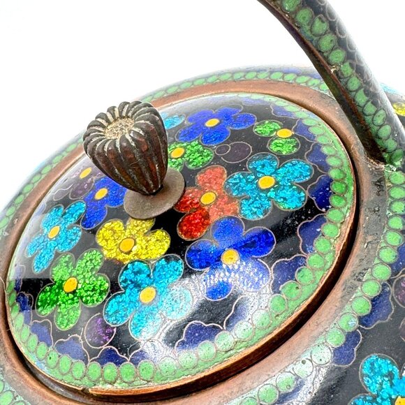 Cloisonné Vtg Floral Teapot Handle Lid Multicolor Enamel On Black Metal 5.5" - Picture 5 of 11
